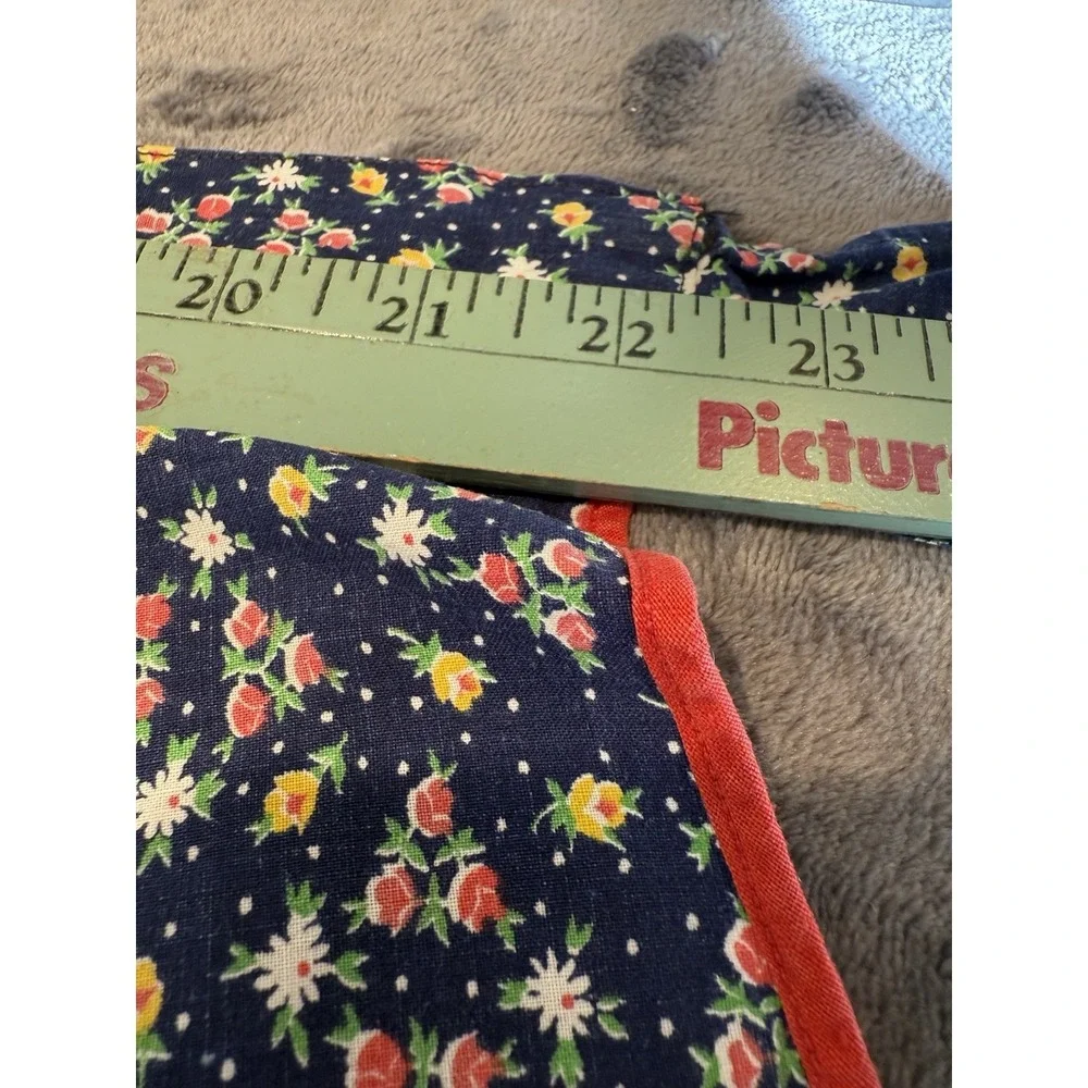 VTG 1/2 Apron Pocket Red Blue Yellow Floral Retro Feed Sack Cottage Farmhouse - Picture 7 of 9